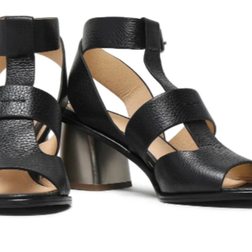 Jil Sander Navy - black pebbled leather, pewter/strappy sandal,‎ 36